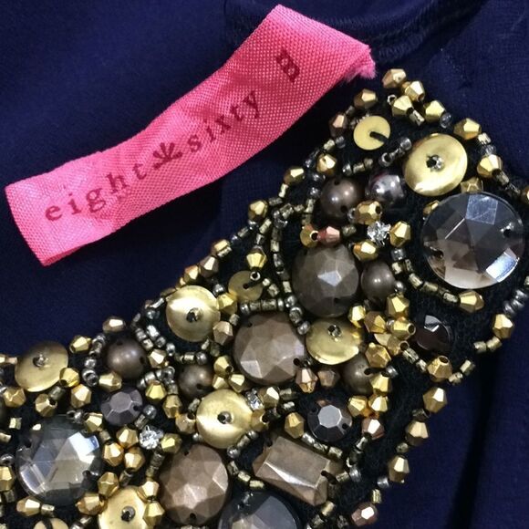 Eight Sixty Navy A Line dress with gold beaded collar - Picture 6 of 7